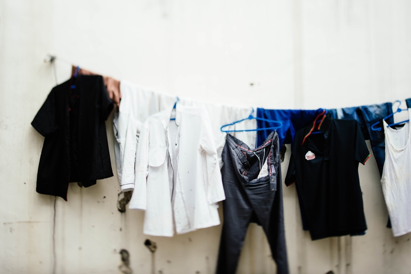 Clothing display at yard sale