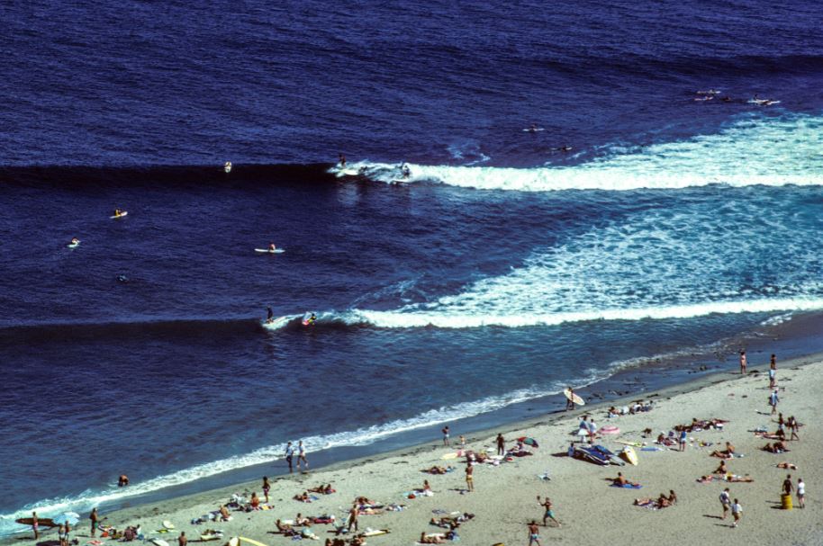 Malibu Surfrider Beach full of sunbathers and surfers