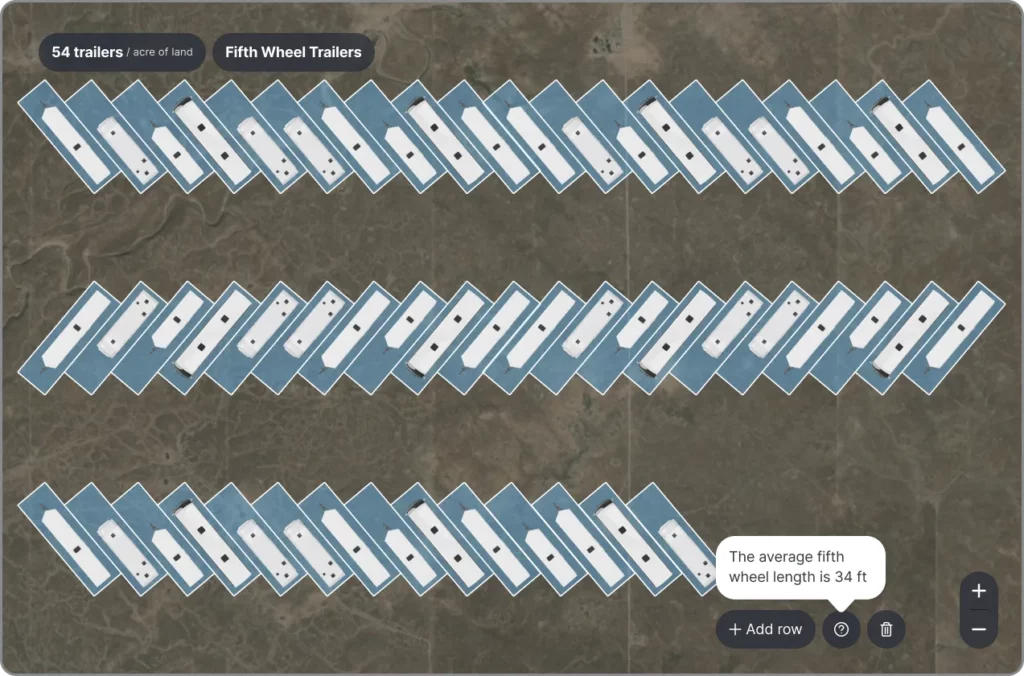 A visualization of the number of fifth wheel trailers that can fit within one acre - assuming the average vehicle is 34 feet long.