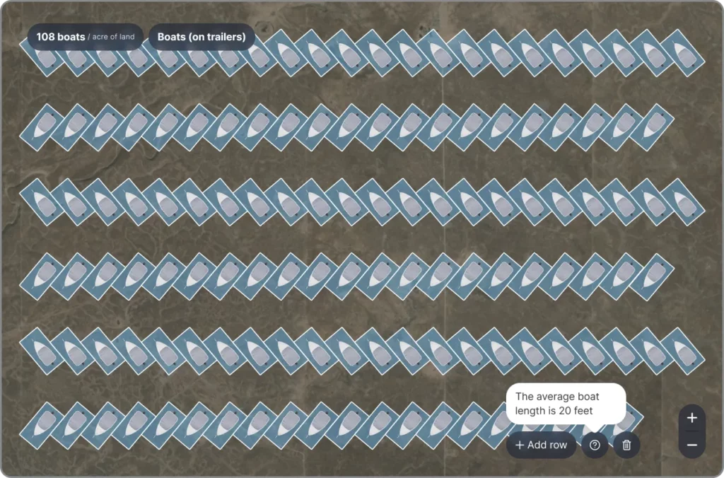 A visualization of the number of boats on trailers that can fit within one acre - assuming the average vehicle is 20 feet long.