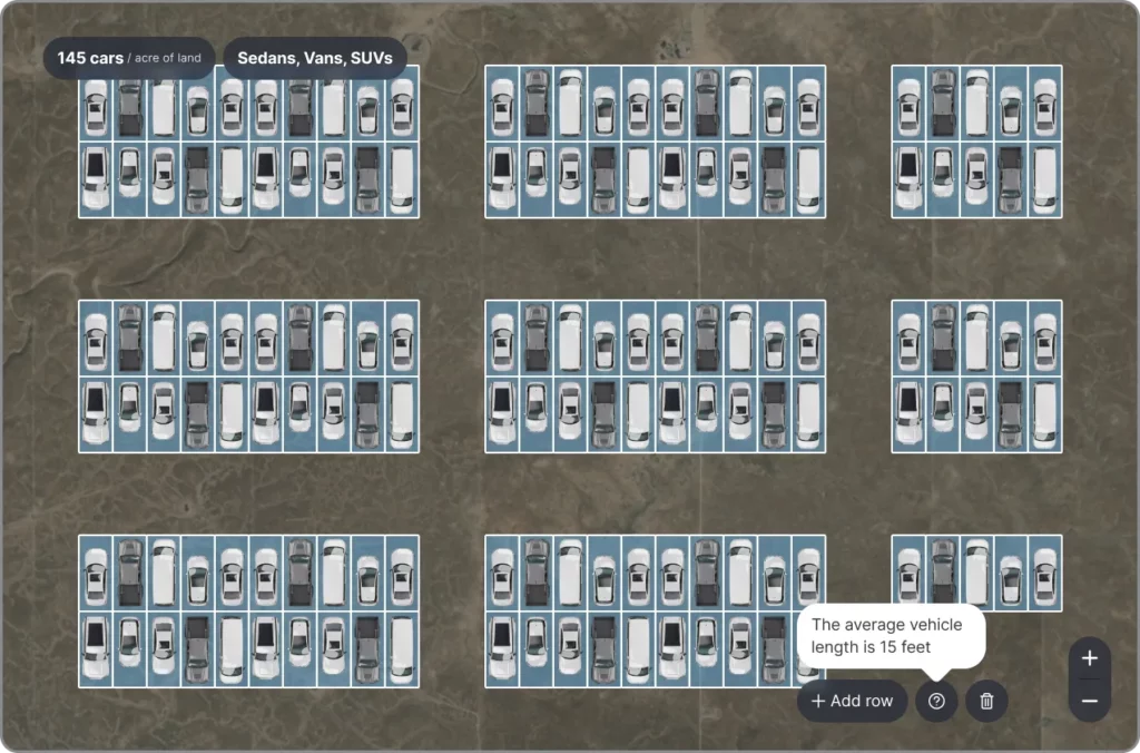 A visualization of the number of parking spaces that can fit within one acre - assuming the average vehicle is 15 feet long.